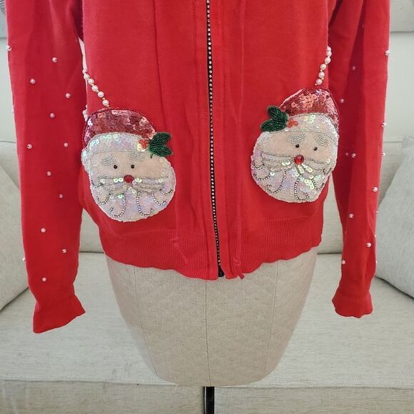 Collective Works Of Berek 2 Embellished Christmas Santa Clause Zip-Up Hoodie LG - Picture 5 of 13